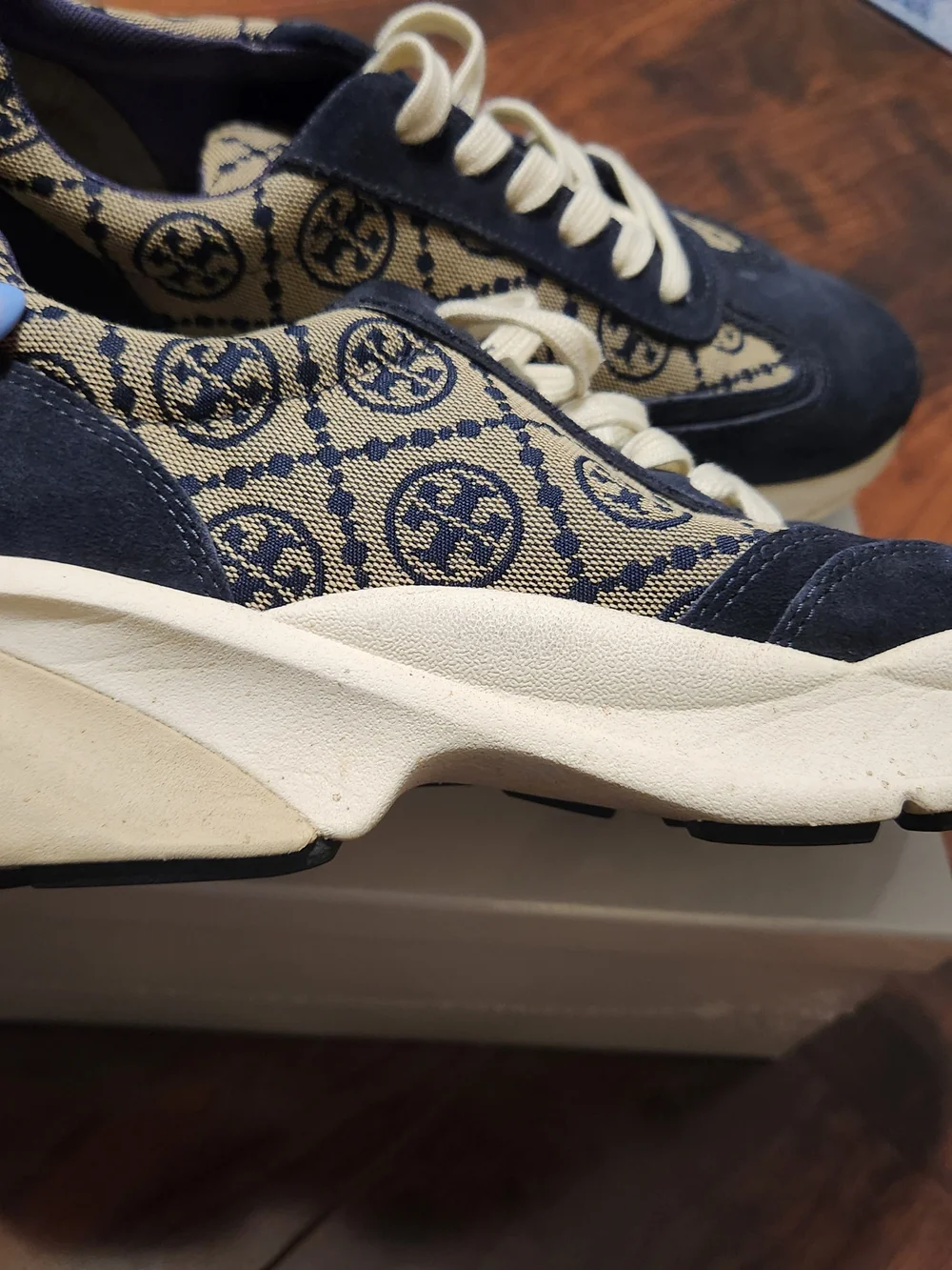 Tory Burch Monogram Platform Sneakers in Navy & Cream